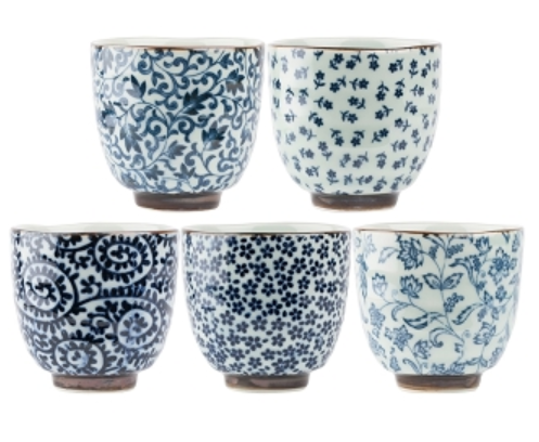 Japanische Teetassen 5er-Set blaue Blümchen
